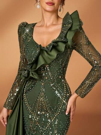 Serin 优雅奢华的中东风情串珠、亮片和泡泡设计荷叶边薄纱长袖鱼尾长裙，侧开衩，适合婚礼、派对、度假、盛大晚宴、新娘送礼会、新娘母亲等场合。