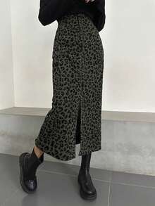 Dazy Tall 高个女式豹纹长开衩灯芯绒休闲裙 - 軍綠色 - 查看 5