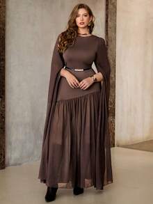 Flirla Váy dài tay ôm sát cỡ lớn có viền lưới vá hình nàng tiên cá, dành cho tiệc tùng - màu nâu - Xem 1