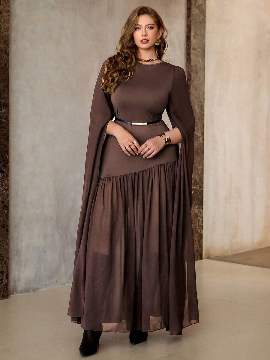 Flirla Váy dài tay ôm sát cỡ lớn có viền lưới vá hình nàng tiên cá, dành cho tiệc tùng - màu nâu - Xem 1