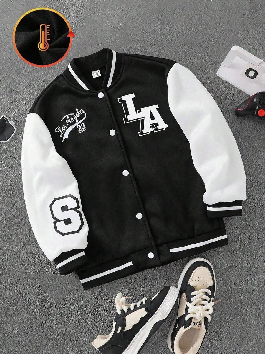 Coolqubz 男童休闲学院风印花棒球夹克，适合休闲、运动和校园穿着 - 黑與白 - 查看 1