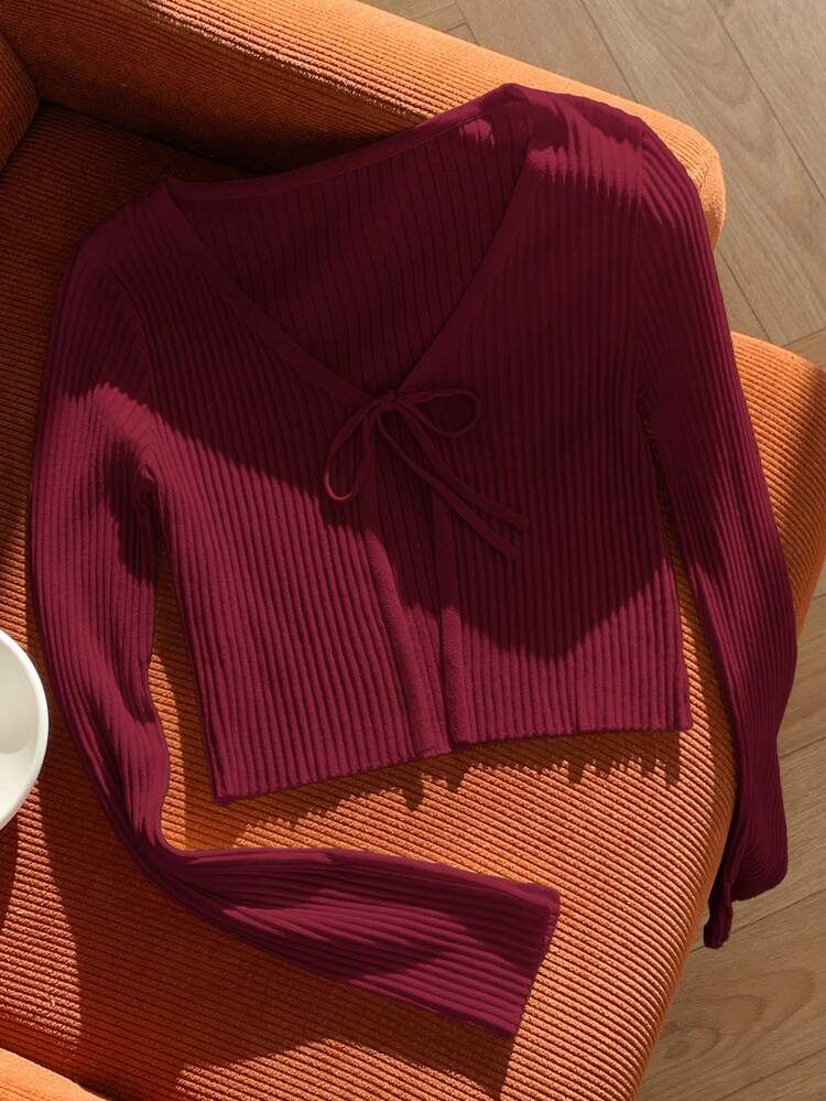 Comfortcana Áo khoác cardigan dệt kim dài tay cổ chữ V buộc phía trước dành cho nữ - Màu Đỏ Sâu - Xem 5