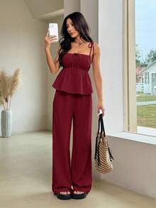 Comfortcana 梭织女士纯棉休闲度假酒红色吊带背心和裤子套装 纯棉女装 酒红色上衣 酒红色上衣 女士夏季两件套 纯棉两件套 - 酒紅色 - 查看 3