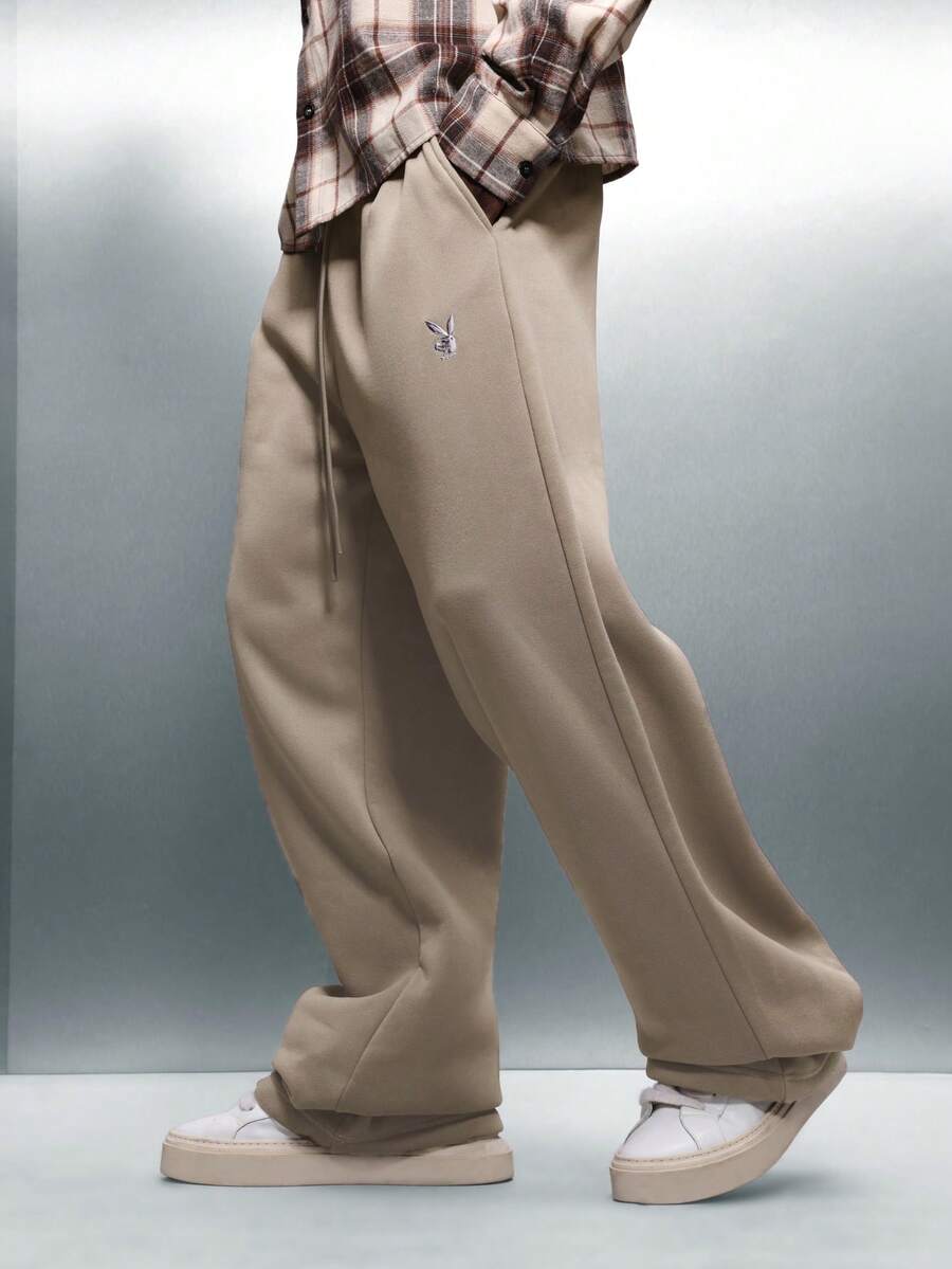 PLAYBOY X SUMWON Wide Leg Relaxed Sweatpants With Drawstring Waist Casual Comfort Loungewear For Winter Fall Season - Brown - View 1