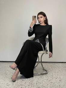 SHEIN Elenzya 优雅浪漫修身珍珠流苏装饰圆领长袖A字连衣裙，适合女士参加派对和正式场合。 - 黑色 - 查看 4