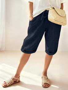 INAWLY 大码女式休闲纯色抽绳腰斜口袋卷边下摆百慕大短裤，百搭日常穿着，夏季 - 藏蓝色 - 查看 1