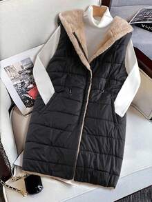SHEIN CURVE+ Große Größen ärmelloser, warm gefütterter, lang geschnittener Mantel mit Kapuze, Winterkollektion - Verschiedenfarbig - View 5