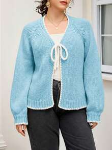 CosyJoli Sweater Kasual Ukuran Besar dengan Pita Ikat dan Trim Kontras, Kardigan/Musim Dingin - Biru - View 3