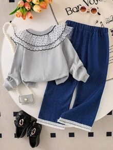 Elladie kids Bộ 2 món gồm áo thun dài tay cổ ren màu xám cho bé gái và quần jean ren trắng, phong cách nữ tính thường ngày cho mùa xuân/thu. - Xám - Xem 2
