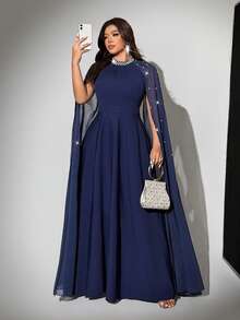 Viva Relle 大码女士优雅浪漫奢华钻石装饰雪纺披肩连衣裙，秋冬款 - 藏蓝色 - 查看 4