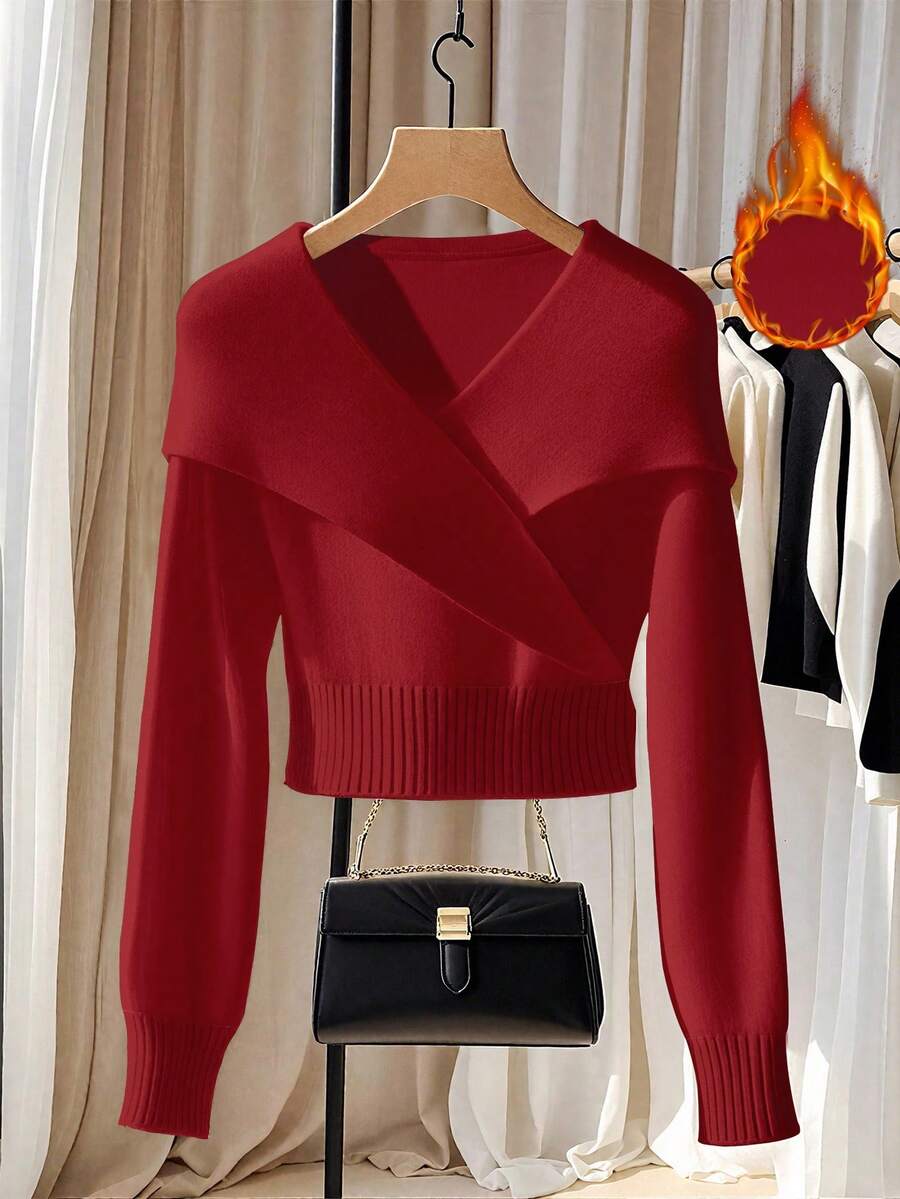 Franclia French Elegant White Oversized Collar Knit Top, Unique Shawl Collar Knit Sweater For Autumn/Winter, Paired With Elastic Turtleneck T-Shirt