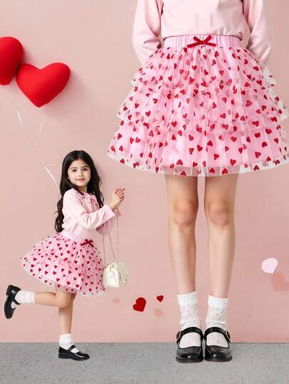 SHEIN Elladie kids Ung flickas hjärtformade meshkjol i tyll, elegant och söt för vardag och semester