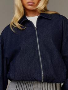 Athîral Women's Lantern Sleeve, Zip-Up Front Opening, Casual Loose Denim Jacket, Autumn And Winter Outfits, Puff Sleeve Long-Sleeved Denim Jacket,Clothes For New Year - Blue - View 3