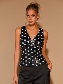 COSMINA 女士亮片波点背心，优雅上衣，黑白波点上衣，无袖波点上衣，日常穿着，派对上衣 - 黑與白 - 查看 4