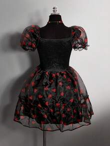 SHEIN ICON Plus Size Red Heart Puff Sleeve Cinched Waist Princess Dress, Suitable For Valentine's Day Date - Black - View 2