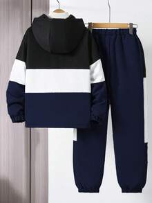 Vacaura 2 件套男童秋冬时尚撞色连帽拉链夹克和字母印花运动裤套装 - 藏蓝色 - 查看 2