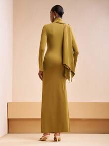 Zivah 2025秋冬新款音乐节、万圣节、圣诞节、复活节、西部风、游牧风格休闲连衣裙，适合生日派对、毕业典礼、度假、邮轮、海滩、日光浴、日常通勤、休闲街头时尚。荷叶边喇叭袖，褶裥装饰，修身开衩弹力针织中长连衣裙，大地黄配色。 - 黃色 - 查看 3