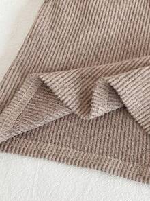 SHEIN Genkimix Kids 2件套女婴休闲纯色可爱彼得潘领长袖上衣和裤子家居服套装 - 卡其色 - 查看 6