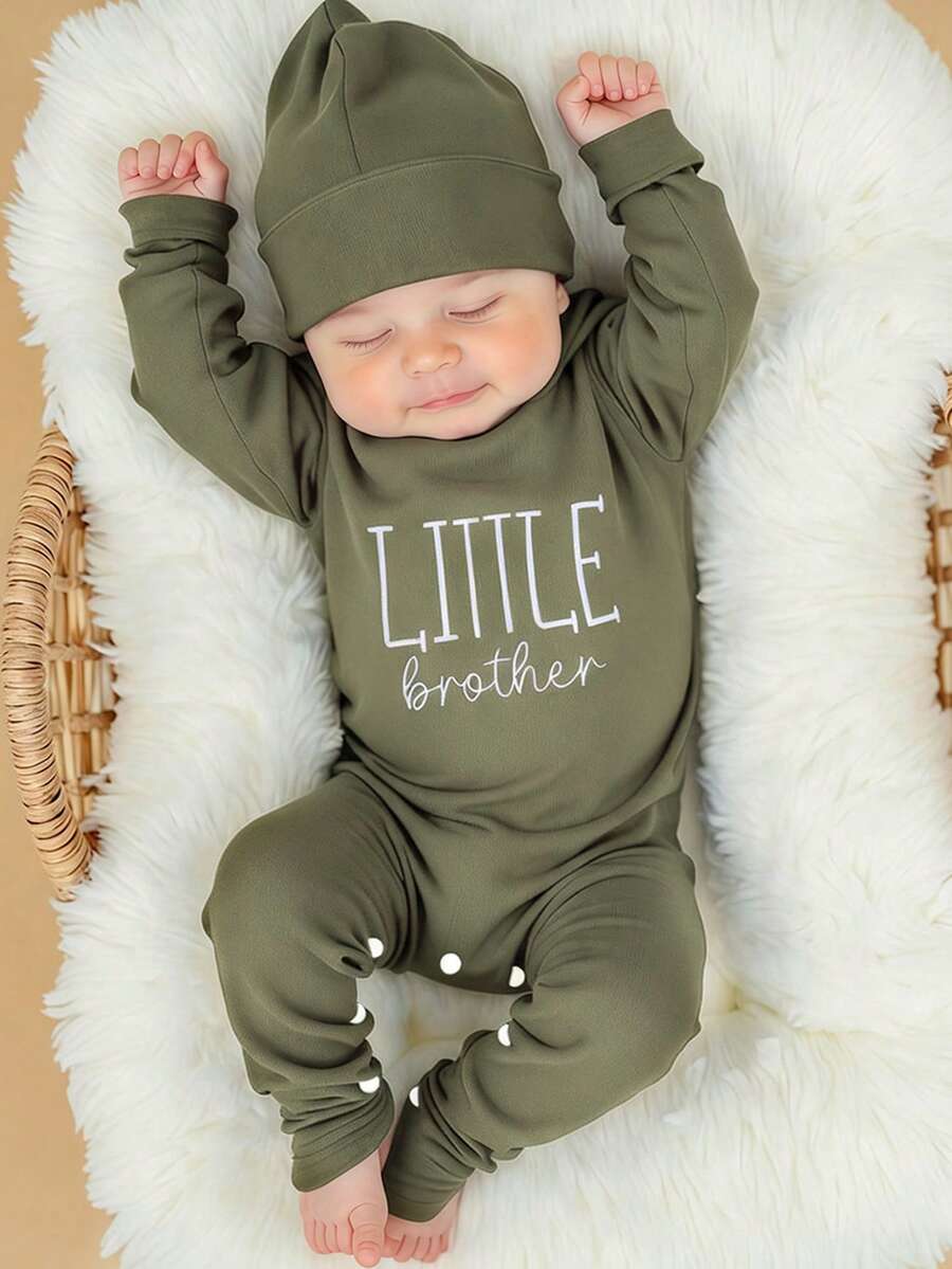 SHEIN 2Pcs Set Newborn Boy Photography Outfits Little Brother Embroidery Baby Coming Home Outfit Baby Shower Gift 1 Month 3 Month Infant Photo Props - Green - View 1