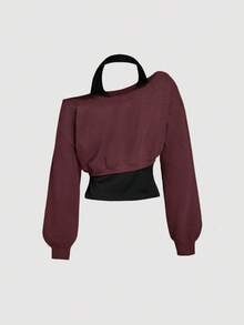 SHEIN MOD Women Asymmetrical Neck Grey 2 In 1 Sweatshirt In Fall/Winter - Burgundy - View 2
