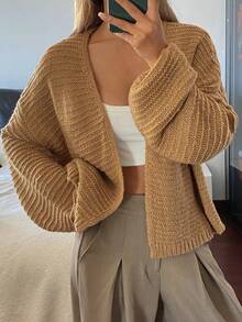 DAZY كارديجان محبوك أنيق بأكمام طويلة وفضفاض بلون واحد، خريف/شتاء - كاكي - مشاهدة 4