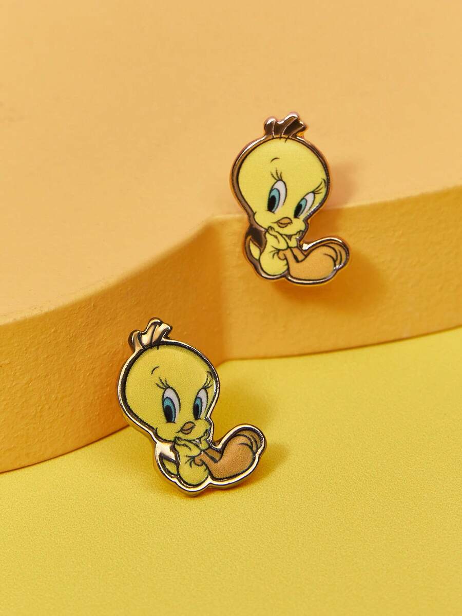 LOONEY TUNES X SHEIN 1對時尚卡通圖案鋅合金女款耳釘,奢華小眾高端超可愛小耳環,適合派對 - 黃色 - 查看 1