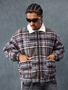 ROMWE MEN Casual 男士秋冬字母格纹印花双面拉链休闲长袖外套 - 藏蓝色 - 查看 5