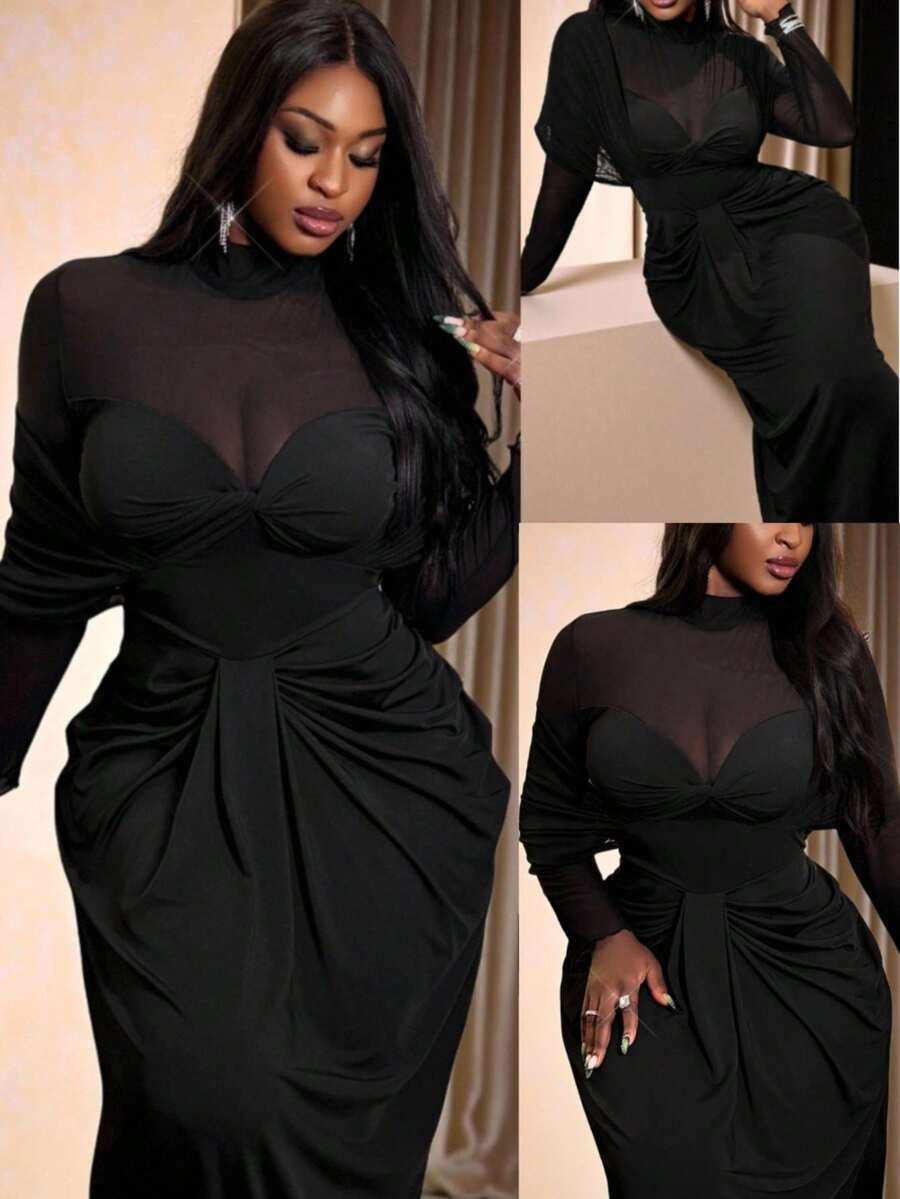 Slaydiva Plus Size Women Black Elegant Dress, Autumn Mesh Patchwork Twist Design Fitted Fashion Long Sleeve Formal Evening Ruched Christmas Dress