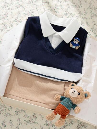 Souflis Souflis Conjunto de duas peças estilo escolar casual para meninos, composto por blusa de manga comprida azul marinho e calça marrom clara. Ideal para escola, encontros, passeios e diversas ocasiões. Lançamento da coleção Outono/Inverno 2025.