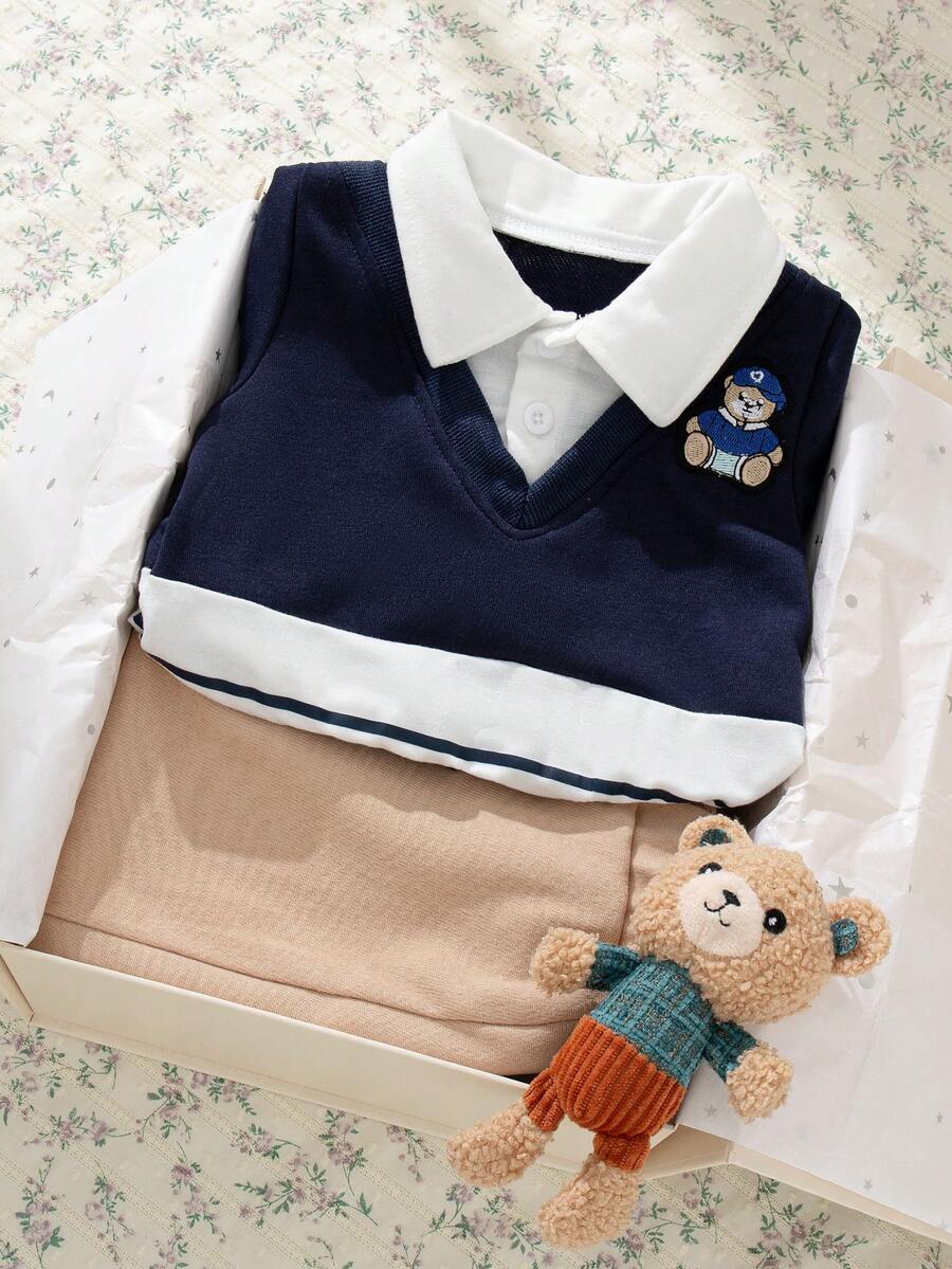 Souflis Souflis Set casual da 2 pezzi in stile scolastico, composto da una maglietta a maniche lunghe blu navy e pantaloni beige chiaro per ragazzi, adatto per la scuola, raduni, uscite e varie occasioni, nuova collezione autunno/inverno 2025 - Blu Navy - Visualizzare 1