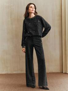 Anewsta 新款时尚女式水洗效果不对称串珠宽松卫衣，别致闪亮，黑色，时尚休闲，春夏季款 - 黑色 - 查看 4