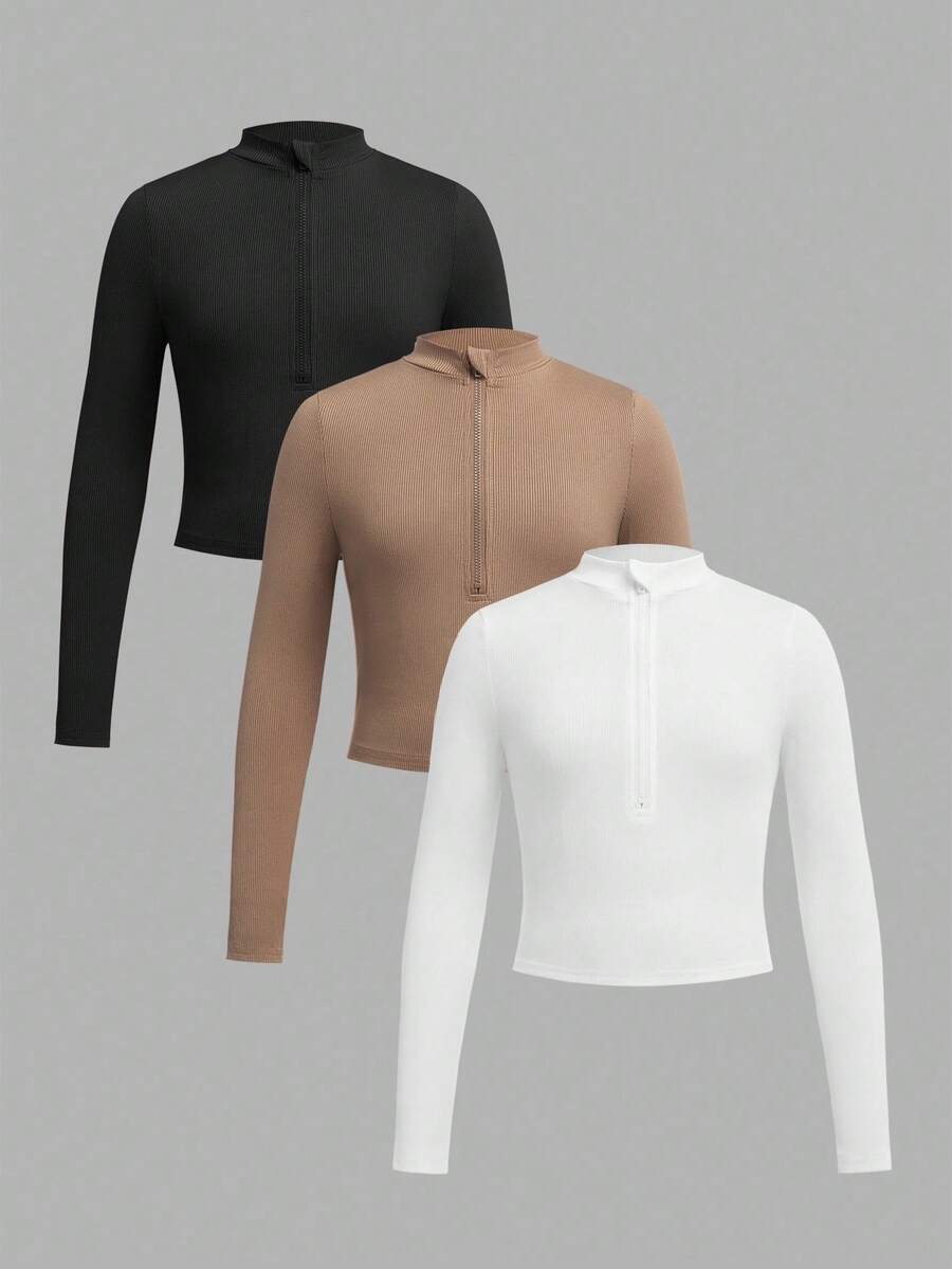 SHEIN Girlism 少女纯色白色米色黑色三件套休闲拉链高领罗纹长袖T恤套装,适合秋冬季节,日常休闲穿着,非常适合休闲、日常穿着和上学穿着。 - 彩色 - 查看 1