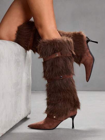 CUCCOO SZL Women's Pointed Toe Faux Fur Patchwork Knee-High Heeled Boots For Christmas