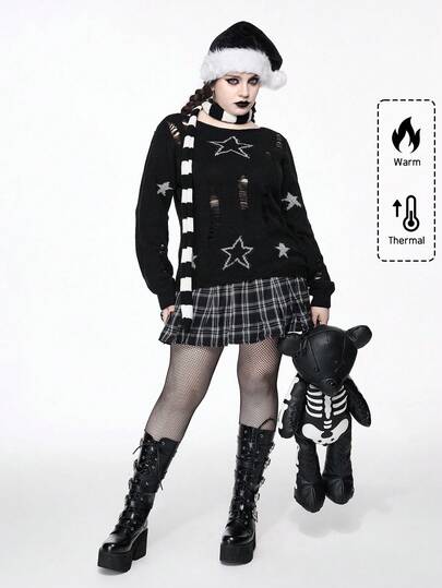 Goth Maglione lavorato a maglia a maniche lunghe con motivo a stelle consumato in stile gotico Y2K oversize, cardigan lavorato a maglia oversize stile gotico casual di strada per l'autunno/inverno, maglione lavorato a maglia nero casual oversize da donna in stile gotico per uso quotidiano, maglione lavorato a maglia oversize casual da donna per feste di strada, maglione lavorato a maglia oversize natalizio casual da donna per le vacanze