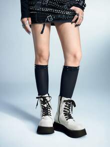 Sugerpunk Seksowne, modne, błyszczące, okrągłe botki na platformie, w stylu punk, z kryształkami, zapinane na zamek z boku, sznurowane, odpowiednie na imprezę, dojazdy do pracy i jazdę konną - Srebro - Zobacz 3