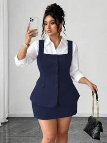 Elenzga Áo ba lỗ vải thun co giãn cỡ lớn có túi trang trí + Chân váy quấn vải thun co giãn thường ngày, bộ 2 món - Màu xanh hải quân - Xem 1
