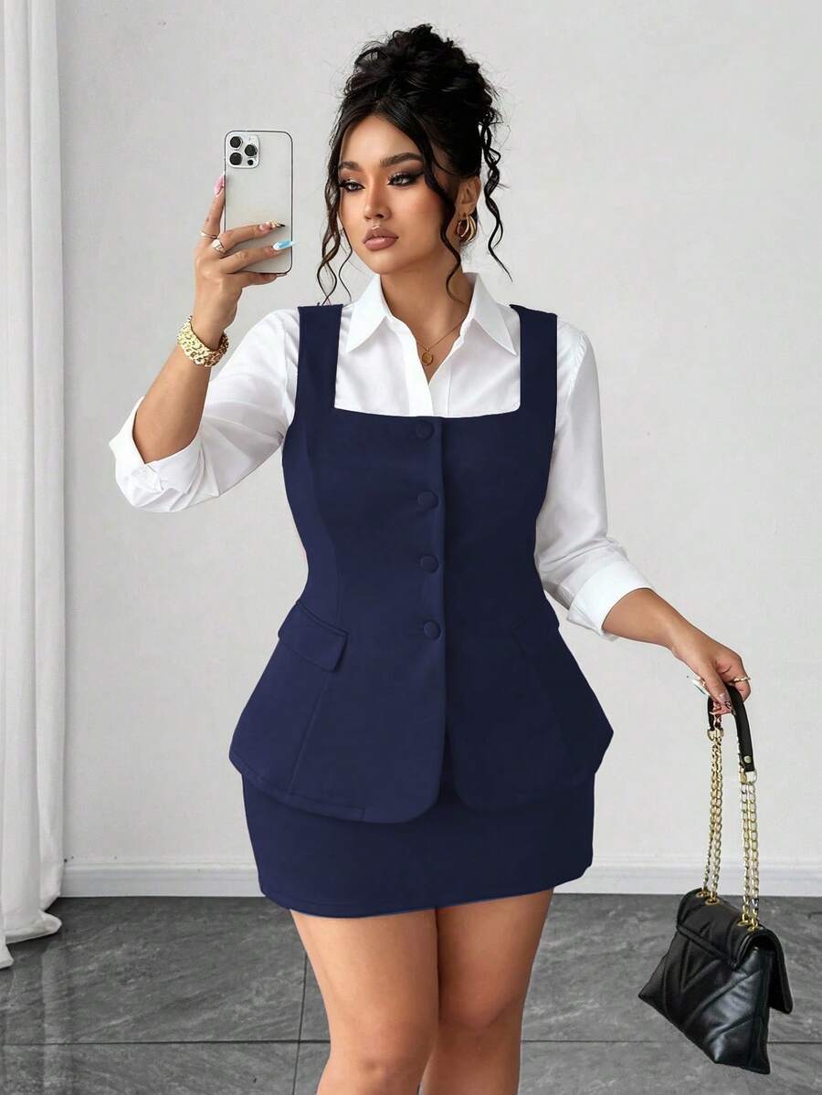 Elenzga Áo ba lỗ vải thun co giãn cỡ lớn có túi trang trí + Chân váy quấn vải thun co giãn thường ngày, bộ 2 món - Màu xanh hải quân - Xem 1