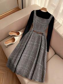 SHEIN Tall CURVE 大码女式休闲格子图案吊带裙 - 棕色 - 查看 2