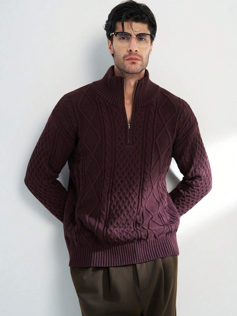 Airaco 男士立领半拉链毛衣，美式针织套头衫，男士立领针织毛衣冬季 - 咖啡棕 - 查看 1