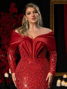 Glamrae 优雅浪漫红色露肩长袖薄纱褶皱奢华串珠拼接鱼尾婚纱，带拖尾，适合婚礼、派对、庆典、正式活动、奢华晚礼服（重工装饰设计） - 紅色 - 查看 1