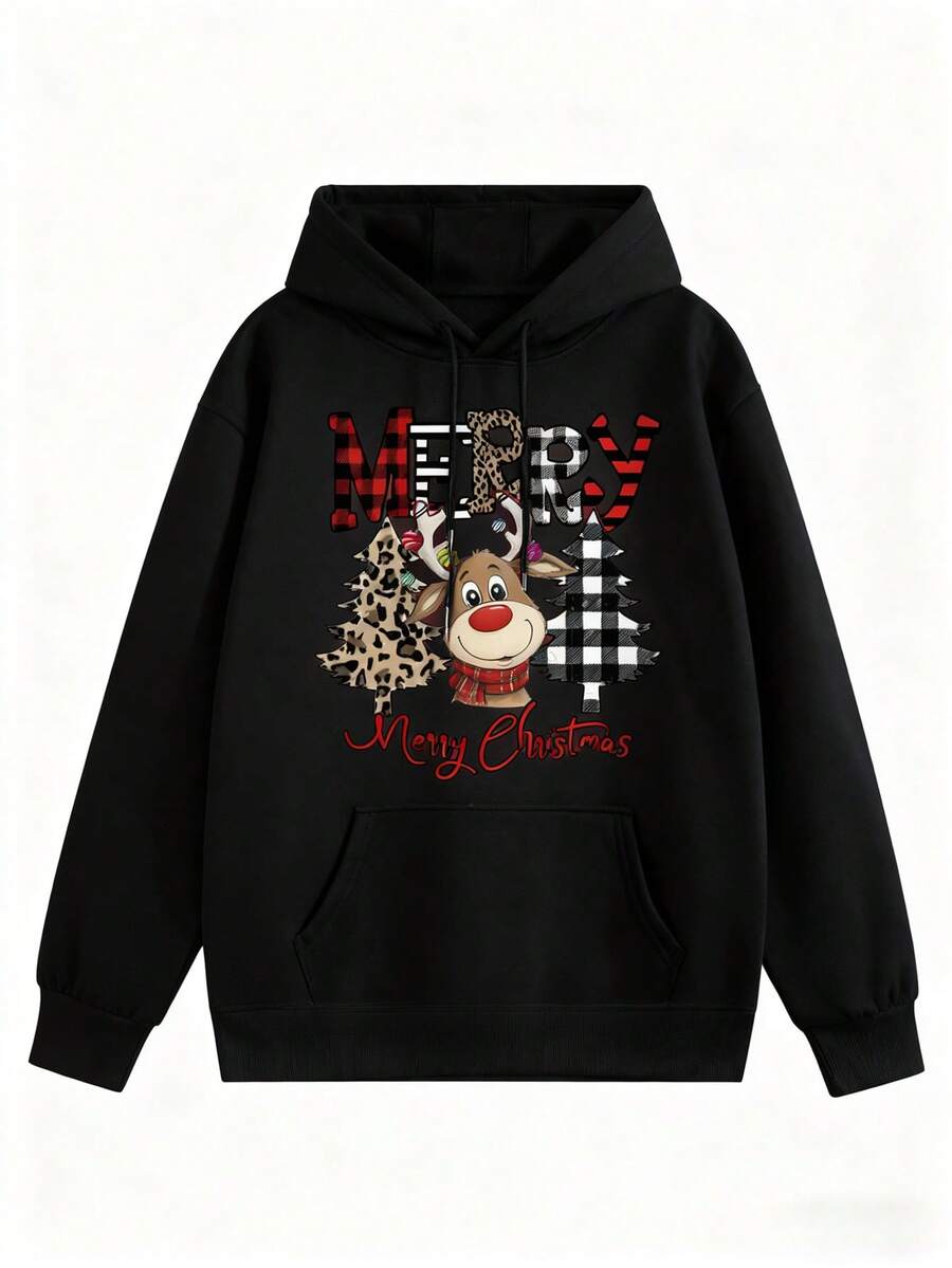Sudadera Casual Con Capucha Con Forro Polar para mujer ,Con Estampado De Reno Sonriendo - Cuello Redondo, Manga Larga, para Otoño e Invierno - Negro - Ver 1