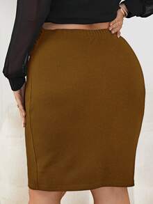 SHEIN Tall CURVE 大码女式休闲修身纯色半身裙 - 棕色 - 查看 2