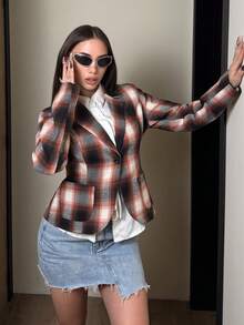 Flirla Women's Casual/Office Commute Collegiate Plaid Print Lapel Collar Patchwork Pocket Blazer Jacket - Multicolor - View 1