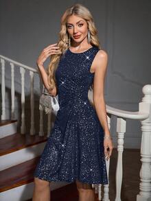 Gownix Women's Round Neck Shiny Pleated Sleeveless Fashion Dress - Navy Blue - View 4