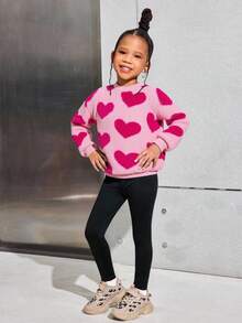 SHEIN Tween Girls Casual Knit Thermal Lined Crew Neck Pullover Sweater And Solid Black Knit Pants Set, Girls Fuzzy Outfit For Autumn/Winter