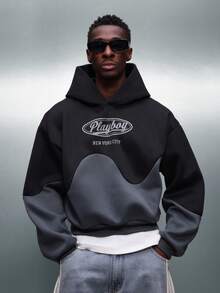 PLAYBOY X SUMWON Sudadera con capucha oversize de bloque de color con diseño de panel de contraste, patrón de remolino, bolsillo central, cordón de capucha, casual, estilo urbano y callejero - Multicolor - Ver 2