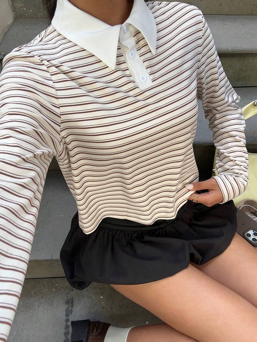 SHEIN EZwear Striped Knit Women's Contrast Color Polo Collar Long Sleeve Casual T-Shirt - Multicolor - View 1