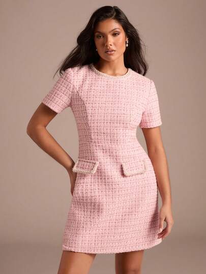Enchnt Spring/Summer Romantic Women's Pastel Pink Fancy Yarn Tweed Pearl Decor Short Sleeve Mini Dress,Sweet&Elegant For Party&Date&Holiday&Going Out