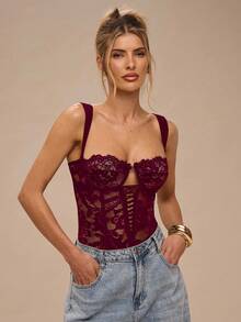 SHEIN BAE 女士优雅蕾丝连体衣，精致蕾丝连体衣 - 酒紅色 - 查看 5