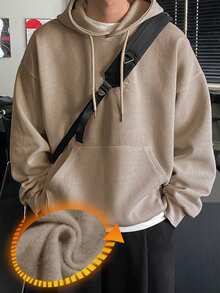 DAZY Beige Loose Solid Color Thermal Lined Hoodie For Men, Autumn/Winter - Beige - View 4